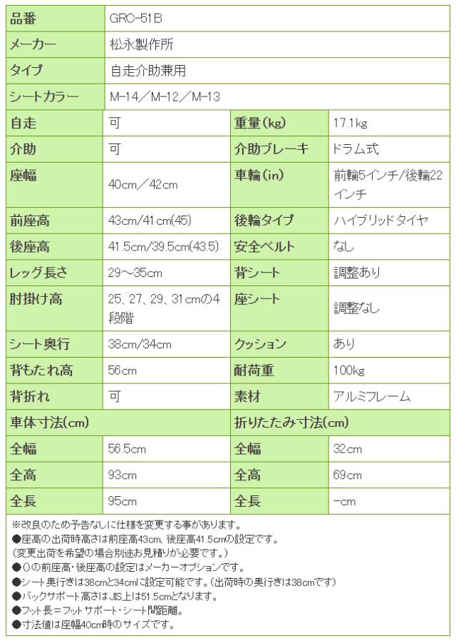 グレイスコア・アジャスト セミモジュール自走式車椅子GRC-51Bの寸法リスト表