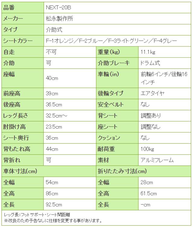 ネクストコア-プチ アルミ製介助式車椅子NEXT-20Bの寸法リスト表