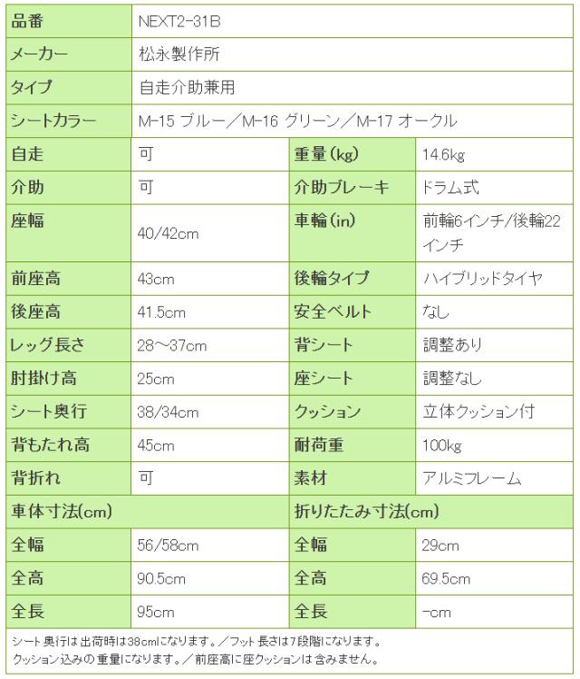 ネクストコア2シリーズ　自走式車椅子　NEXT2-31BNEXT2-31Bの寸法リスト表
