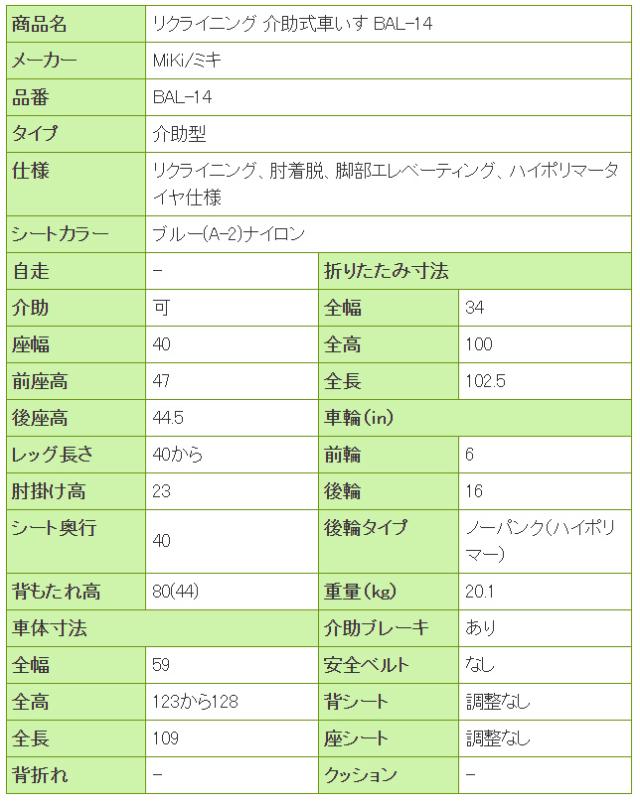 リクライニング 介助式車いすBAL-14の寸法リスト表