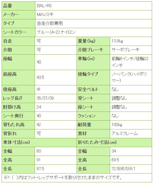 多機能自走式車椅子BAL-R3の寸法リスト表