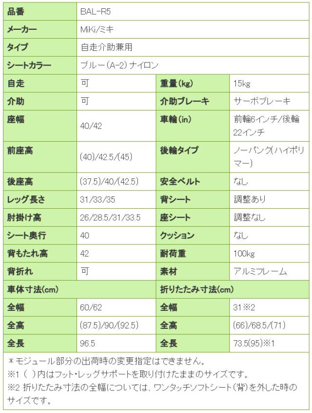 モジュール多機能自走式車椅子BAL-R5の寸法リスト表
