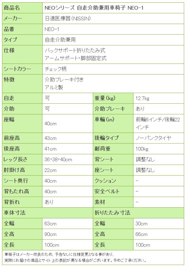 NEOシリーズ 自走介助兼用車椅子NEO-1の寸法リスト表