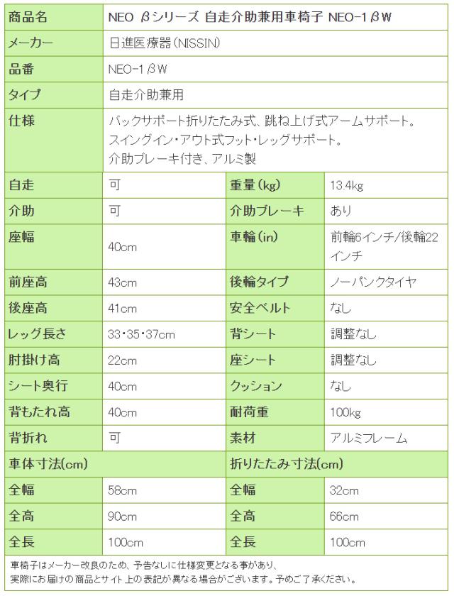 NEOβ（ネオベータ）シリーズ 自走介助兼用車椅子NEO-1BWの寸法リスト表