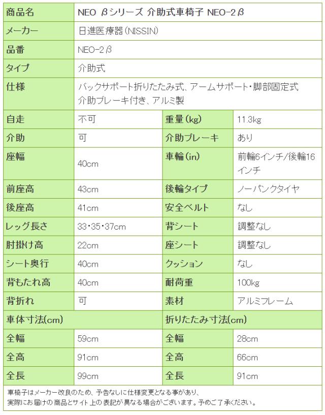 NEOβ（ネオベータ）シリーズ 介助式車椅子NEO-2Bの寸法リスト表