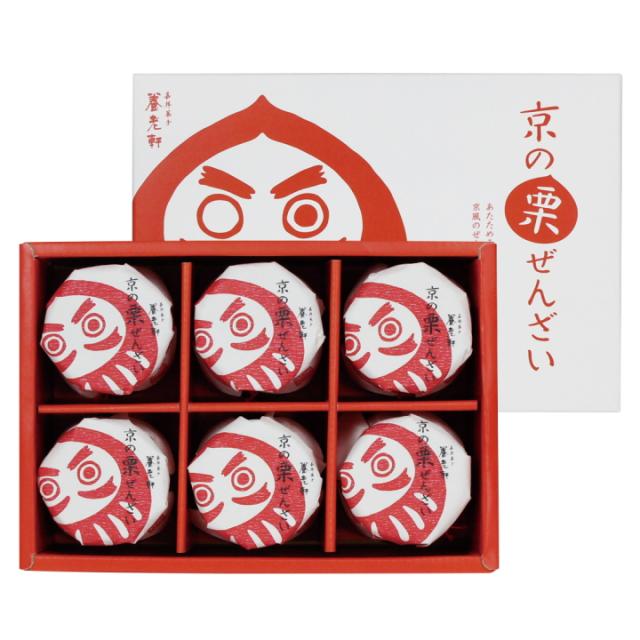 簡単調理レンジで温めるだけ栗と小豆のぜんざい6個セット。ギフトパッケージのイメージはこちらです。だるまの絵柄がかわいい簡易包装です。
6.京都の伝統和菓子栗ぜんざい丸い瓶入りかわいいギフト