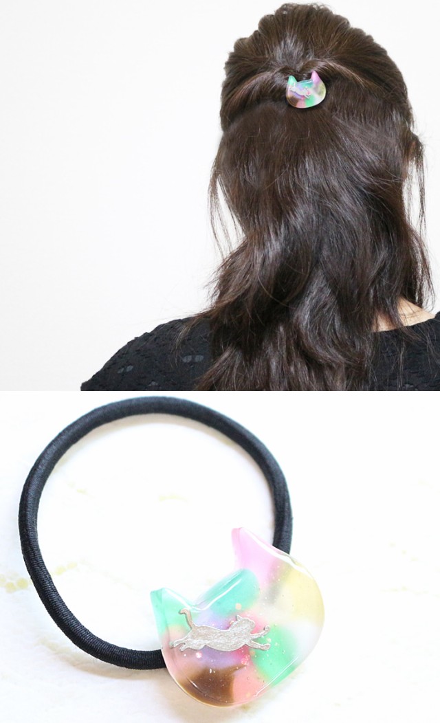 ハンドメイドアクセサリー ヘアゴム レディース ヘアアクセサリー ネコ 猫 ねこ シンプル ネコ型 手作り 超定番 大人 水玉 レジン