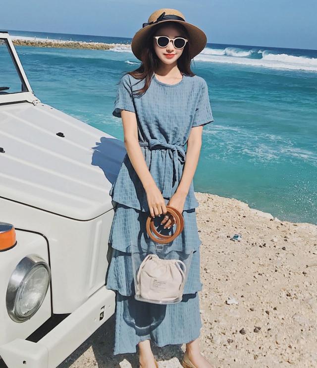 爆熱 夏 ロングワンピース シフォン ティアード ラウンドネック 半袖 無地 ハイウエスト 青 紺 くすみカラー ニッチドレス S Xl ワンピース 夏 人気特価激安 Www Iacymperu Org