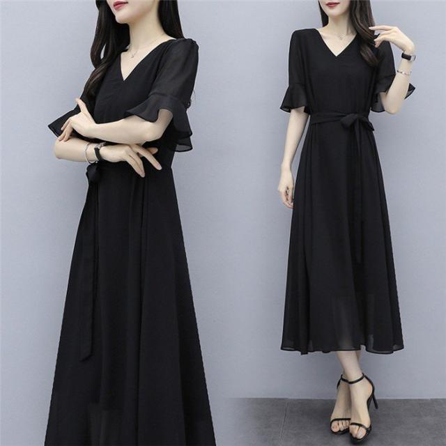 ワンピース レディース きれいめ シフォンワンピース 半袖 夏ワンピース シフォン ロングワンピース 膝丈ワンピース 黒 Aラインワンピ Vの通販はau Pay マーケット Kireifuku Au Pay マーケット店