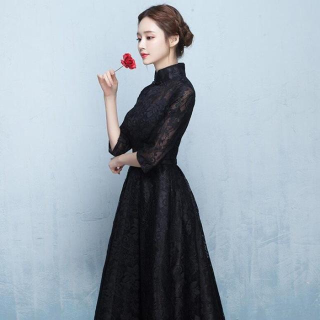 絶賛 パーティードレス 結婚式 ロングドレス 立ち襟 ドレス 袖あり ウェディングドレス 二次会ドレス レースアップ パーティドレス 黒ドレス セールsale Www Centrodeladultomayor Com Uy