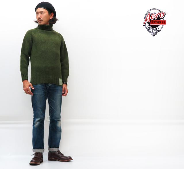 エアロレザー AERO LEATHER シェットランドウール タートルネック ミリタリー ニット Made in Scotland