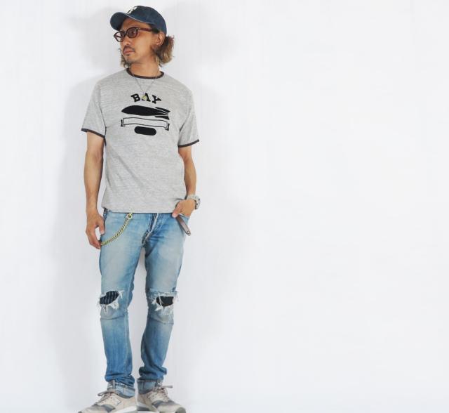 ウェアハウス WAREHOUSE 半袖 フロッキープリント リンガー Tシャツ シャドーボーダー Lot.4059 BAY