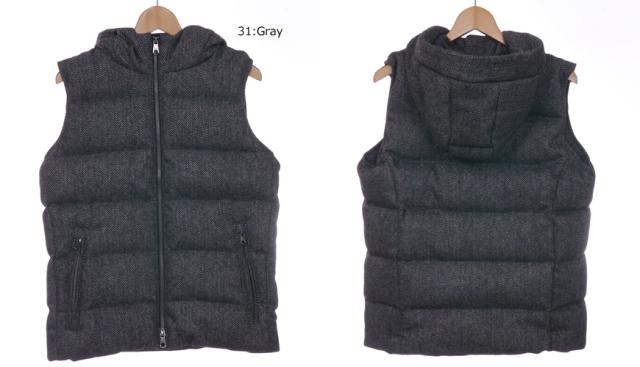 JOHNBULL ヘリンボーンウールツイードフーデッドダウンベスト 16550