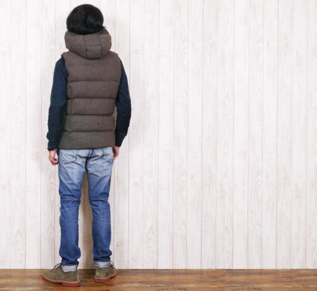 JOHNBULL ヘリンボーンウールツイードフーデッドダウンベスト 16550