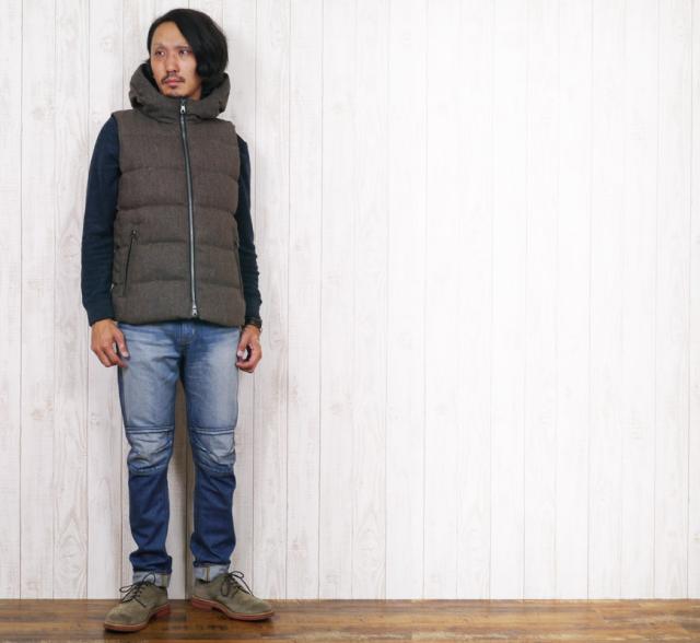 JOHNBULL ヘリンボーンウールツイードフーデッドダウンベスト 16550