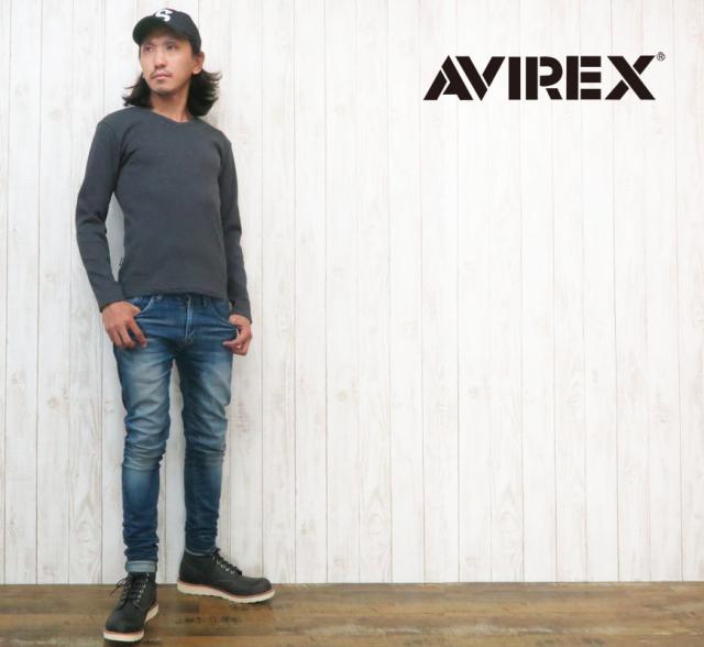AVIREX アビレックス 長袖 ミニワッフルサーマルＴシャツ クルーネック ステンシルプリント AVI6183495