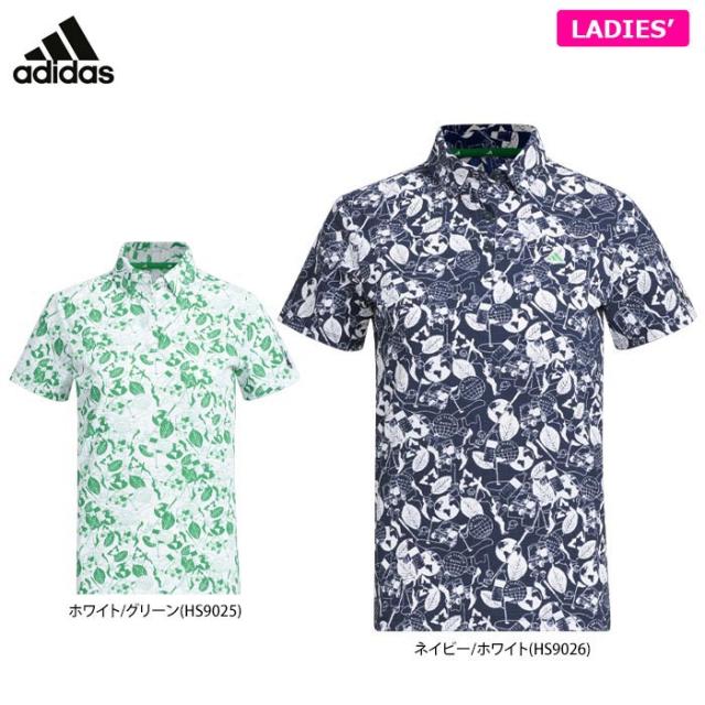 adidas GOLF PLAY GREEN サッカー生地 総柄 半袖 ボタンダウン ポロシャツ