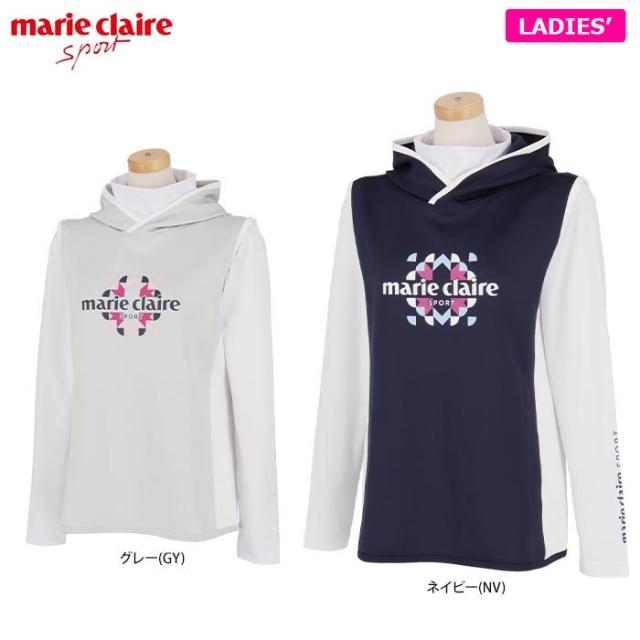 marie claire GOLF ロゴプリント 配色切替 フード ベスト & 長袖 ハイネック インナーシャツ