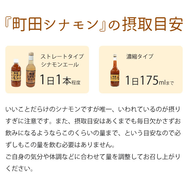 『町田シナモン』の摂取目安。いいことだらけのシナモンですが唯一いわれているのが摂りすぎに注意です。また、摂取目安はあくまでも毎日欠かさずお飲みになるようならこのくらいの量まで、という目安なので必ずしもこの量を飲む必要はありません。ご自身の気分や体調などに合わせて量を調整してお召し上がりください。