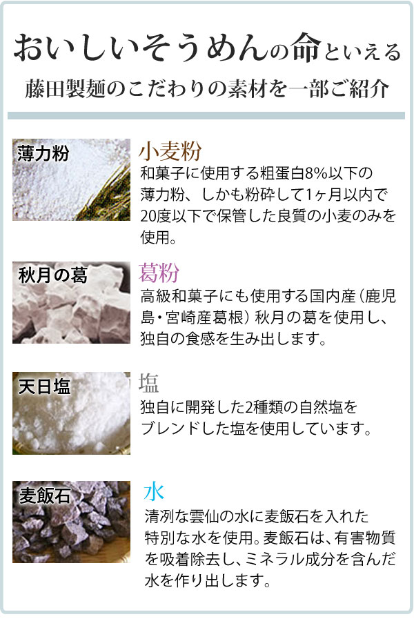 おいしいそうめんの命といえる藤田製麺のこだわりの素材を一部ご紹介