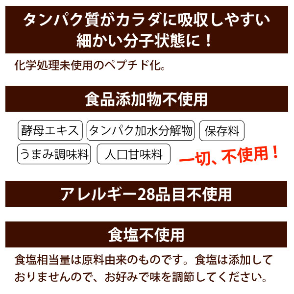 たんぱく質がカラダに吸収しやすい細かい分子状態に！食品添加物不使用、アレルギー28品目不使用、食塩不使用