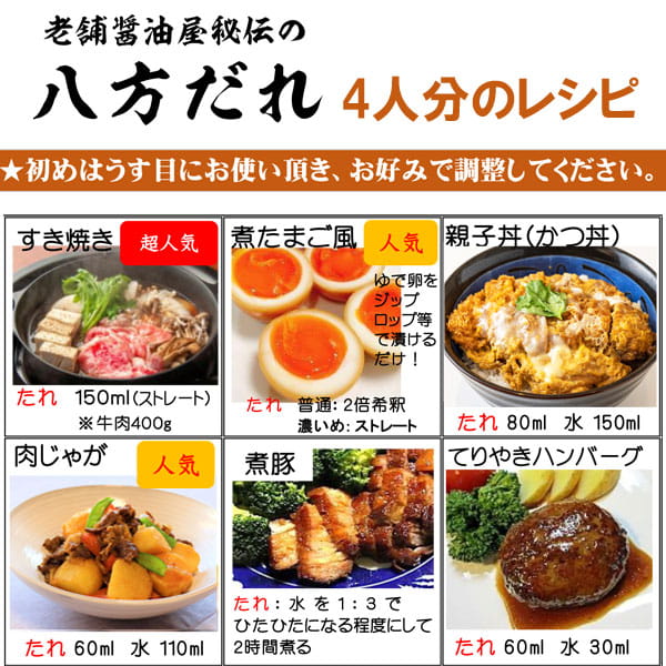 老舗醤油屋秘伝の八方だれ4人分のレシピ。煮卵や親子丼など