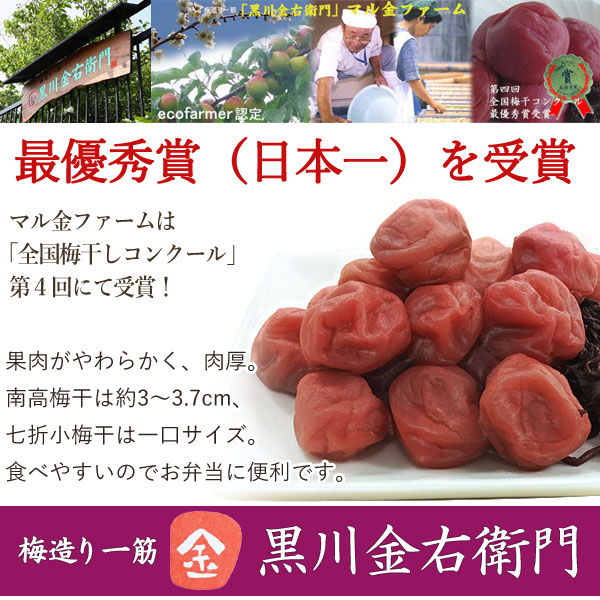 梅造り一筋 マル金 黒川金右衛門 全国梅干しコンクールで最優秀賞(日本一)を受賞 七折小梅 小梅種の中でも比較的大粒の一口サイズの梅。果肉が柔らかく、肉厚の品種。