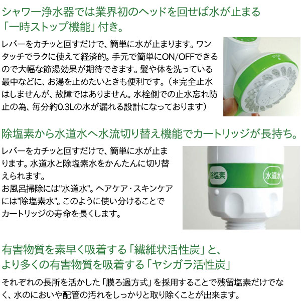 シャワー浄水器では業界初のヘッドを回せば水が止まる「一時ストップ機能」付き。除塩素から水道水へ水流切り替え機能でカートリッジが長持ち。有害物質を素早く吸着する「繊維状活性炭」と、より多くの有害物質を吸着する「ヤシガラ活性炭」