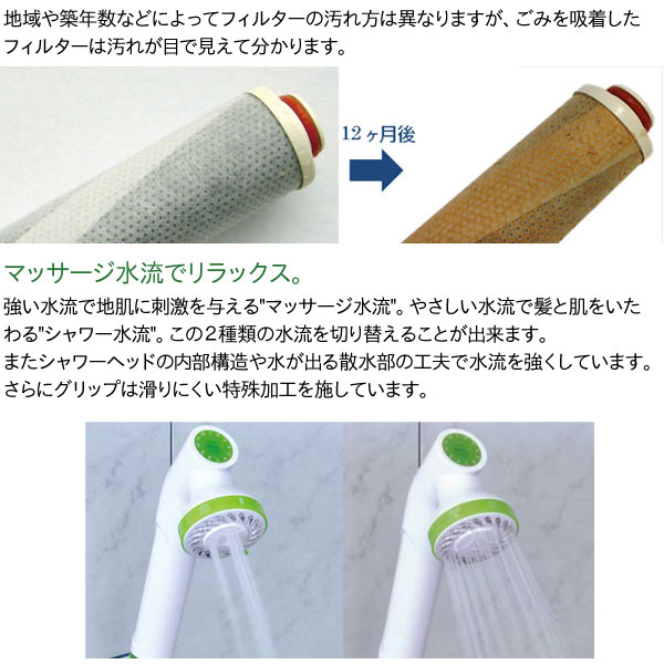 地域や築年数などによってフィルターの汚れ方は異なりますが、ごみを吸着したフィルターは汚れが目で見えて分かります。マッサージ水流でリラックス。強い水流で地肌に刺激を与えるマッサージ水流。やさしい水流で髪と肌をいたわるシャワー水流。この2種類の水流を切り替えることができます。また、シャワーヘッドの内部構造や水が出る散水部の工夫で水流を強くしています。さらにグリップは滑りにくい特殊加工を施しています。