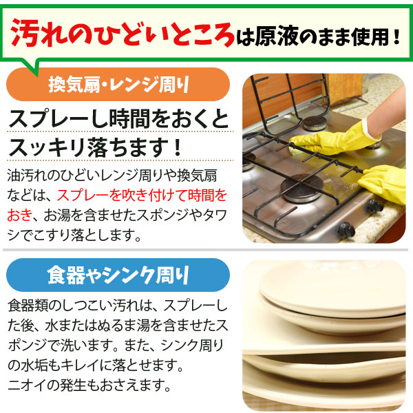 汚れのひどいところは原液のまま使用!食器の油汚れやシンク周りの水垢もスッキリ落ちて清潔に!食洗器にも使用できます。