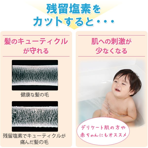 残留塩素をカットすると…髪のキューティクルが守れる、肌への刺激が少なくなる