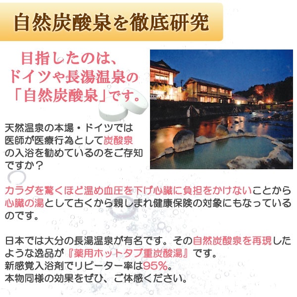 自然炭酸泉を徹底研究。目指したのは、ドイツや長湯温泉の「自然炭酸泉」です。カラダを驚くほど温め血圧を下げ心臓に負担をかけないことから心臓の湯として古くから親しまれ健康保険の対象にもなっているのです。