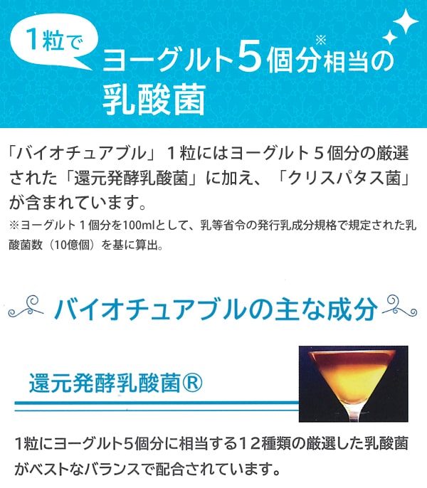 1粒でヨーグルト5個分相当の乳酸菌!バイオチュアブルの主な成分。還元発酵乳酸菌