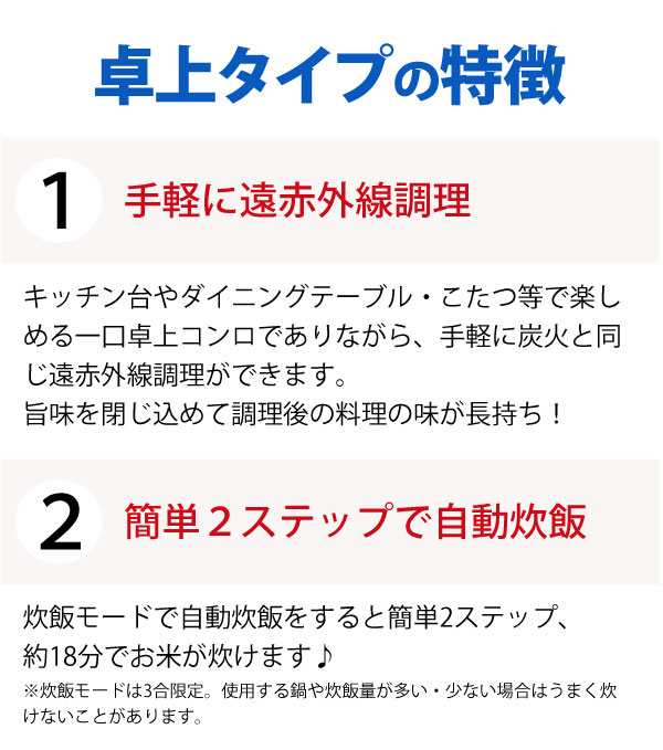 スーパーラジエントヒーター卓上タイプの特徴。遠赤外線調理をご家庭で。エコで家計に優しい