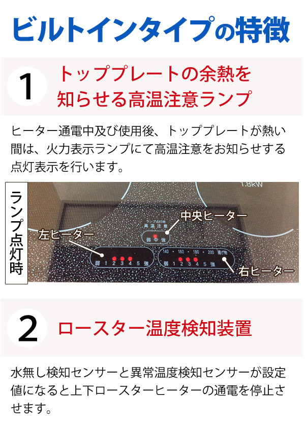 スーパーラジエントヒータービルトインタイプの特徴。トッププレートの余熱を知らせる高温注意ランプ、ロースター温度検知装置