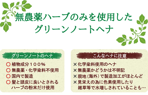 グリーンノートのヘナは植物成分100%だけでなくそのハーブも厳選し、無農薬の安心安全な白髪染めです。