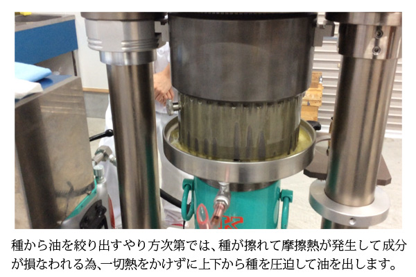一切熱をかけずに上下から種を圧迫して油を出す