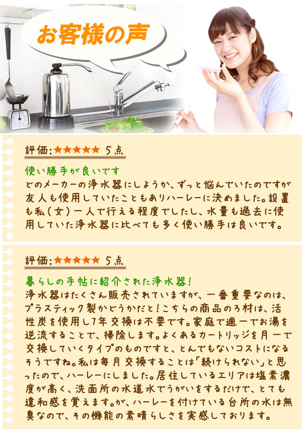 高性能!世界が認めた浄水器 ハーレー2お客様の声 暮しの手帖に紹介された浄水器!