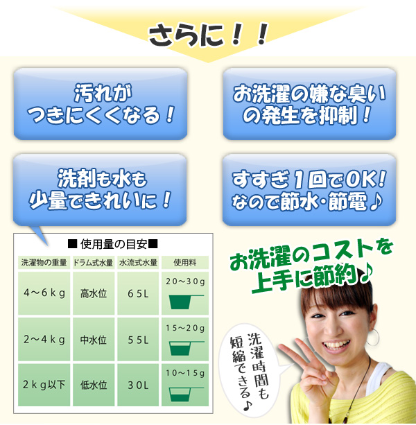善玉バイオ 浄 ジョウ JOE さらに!汚れがつきにくくなる!お洗濯の嫌な臭いの発生を抑制!洗剤も水も少量できれいに!すすぎ1回でOK!なので節水・節電♪ お洗濯のコストを上手に節約♪洗濯時間も短縮できます