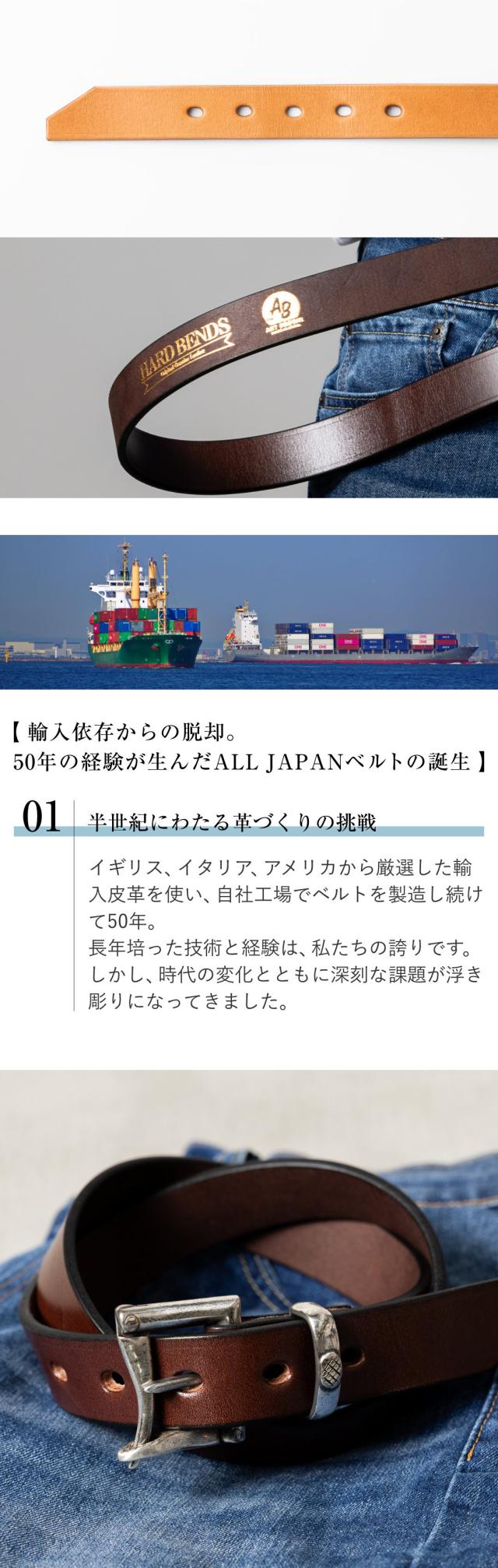 日本製の革ベルト 穴部分とステッチの拡大ディテール