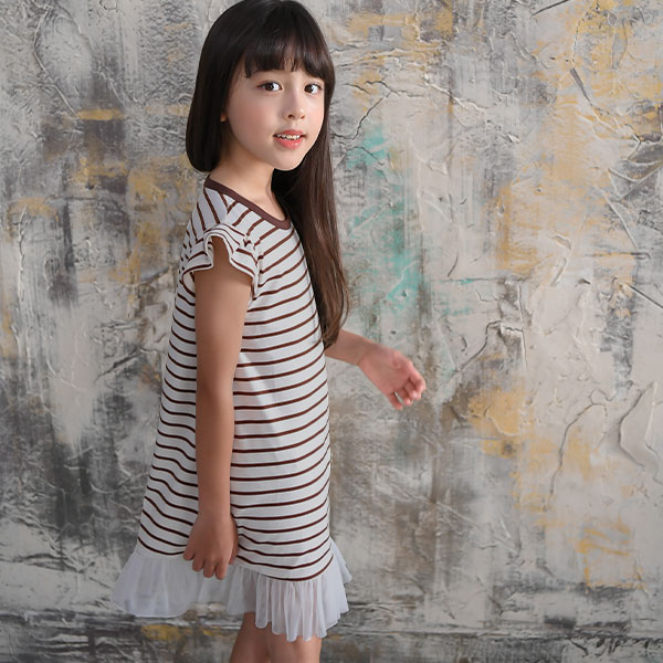 韓国子供服 ワンピース 新作入荷 韓国子ども服 韓国こども服 Bee 女の子 裾レ ボーダー フリル袖 ナチュラル カジュアル キッズ