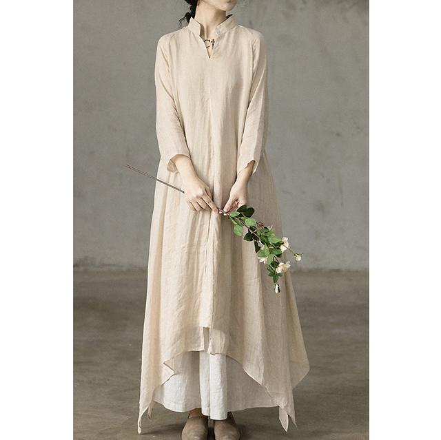 クライマックスセール アシンメトリー ワンピース レディース ロングワンピース リネン 長袖 Vネック 無地 ゆったり フレア フェミニン シンプル 秋冬 包装無料 送料無料 Mawaredenergy Com
