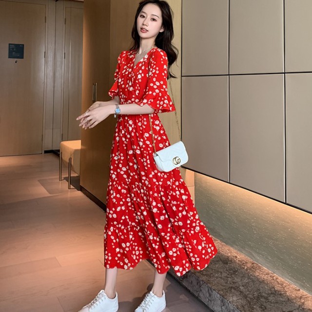 カシュクールワンピースロング 半袖 マキシワンピース 花柄のワンピース シフォンVネック ゆったり 大きいサイズ 大人可愛いガーリー|au PAY マーケット