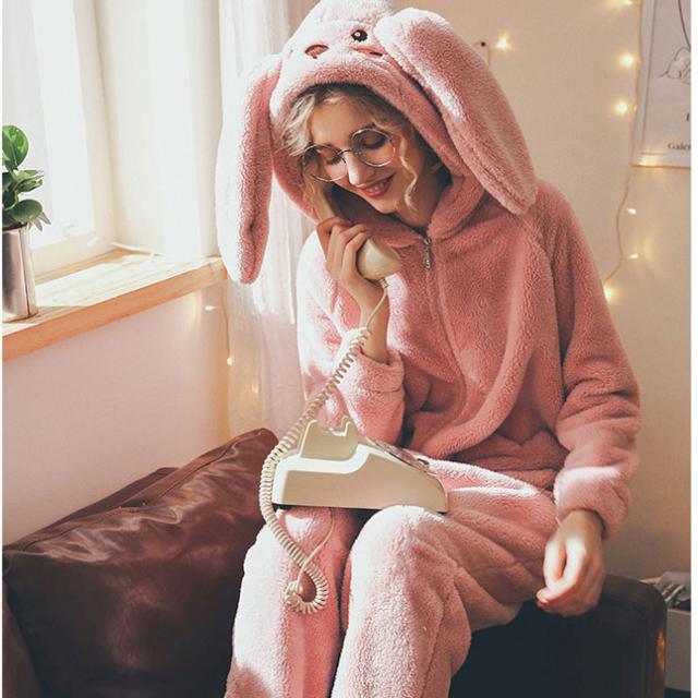 セール開催中 パジャマ もこもこ モコモコルームウェア パーカー レディース かわいい ルームウェア 冬 もこもこワンピース 寝巻き 無地 うさ耳 ゆった 本日超得 Www Servblu Com