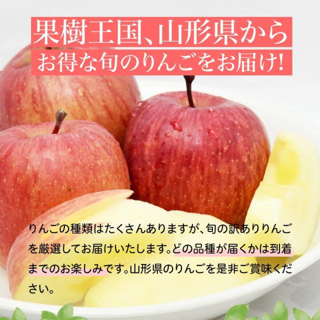 果樹王国、山形県からオトクな旬のりんごをお届け! 林檎の種類はたくさんありますが、旬の訳ありりんごを厳選してお届けいたします。どの品種が届くかは到着までのお楽しみです。山形県のりんごを是非ご賞味ください。