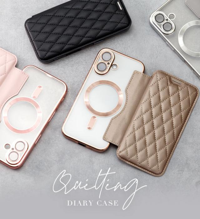 キルティング,手帳型ケース,フリップケース,ダイアリーケース,大人可愛い,ゴージャス,フェミニン,iphoneケース,MagSafe対応,マグセーフ対応,ワイヤレス充電対応,かわいい,韓国,TPU,シンプル,透明,クリア