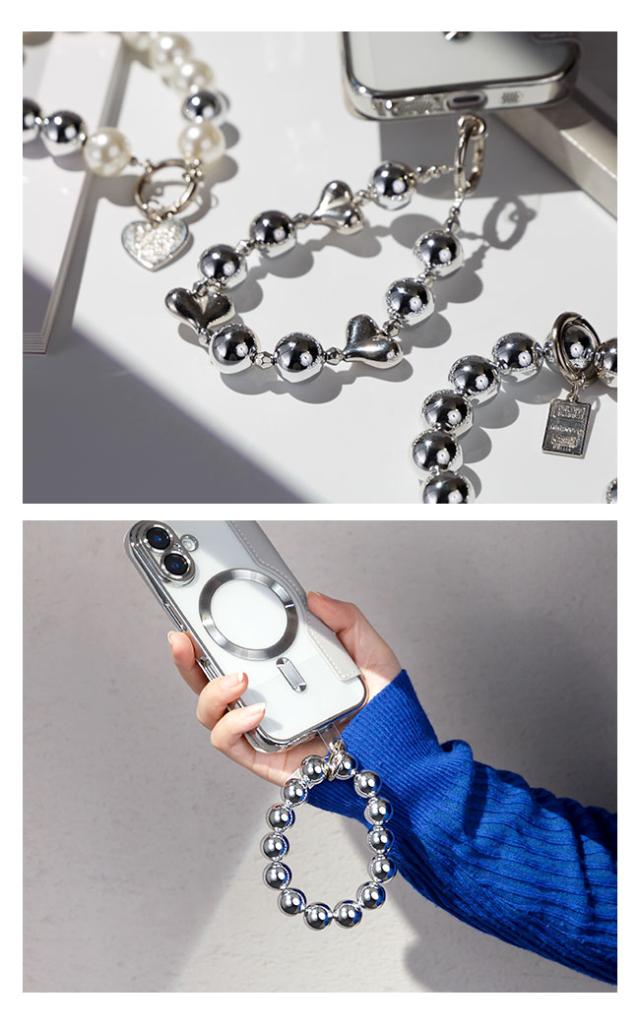 スマホストラップ,ビーズ,韓国,シルバー,ゴージャス,高見え,ブレスレット,かわいい,おしゃれ,落下防止,スマホ,ストラップ,手首,スマホハンドストラップ,挟むだけ,スマートフォン,リストストラップ