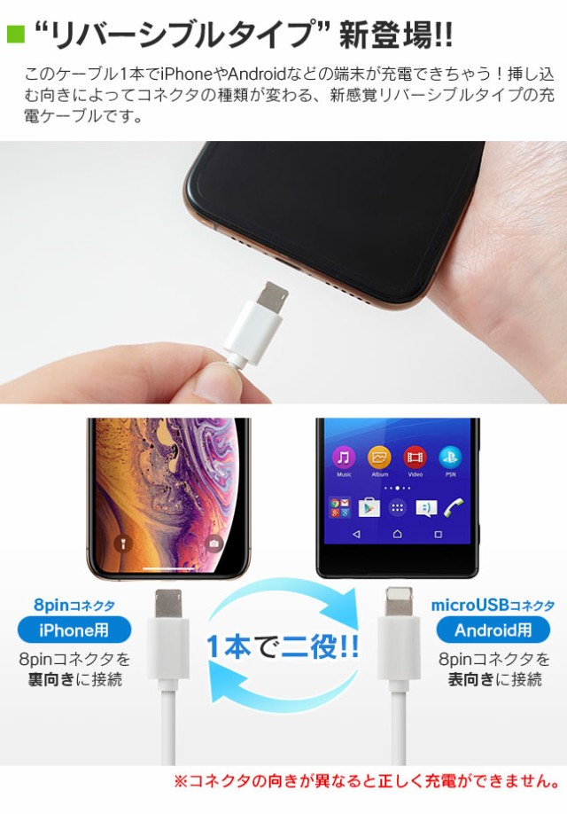 ケーブル,充電器,microUSB,マイクロUSB,iphone,8pin,アイフォン,ipad,スマホ,スマートフォン,充電,同期,リバーシブル,両面,裏表,2in1,