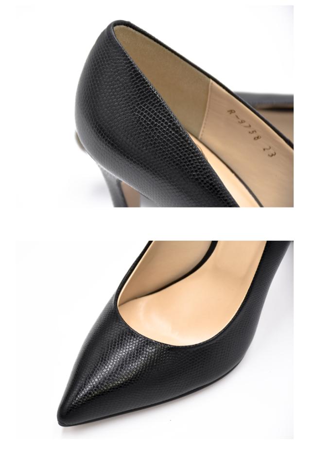 ポインテッドトゥパンプス 9.5cm ハイヒール R-9758 ブラック リザード 型押し 結婚式 二次会 パーティ 入学式 卒業式 痛くない 本革 浅草製 日本製 レディース 靴 美脚 通勤