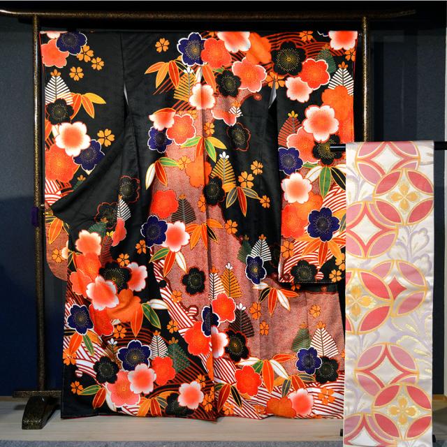 レンタル】 振袖 25点セット 黒 成人式 H L アッシュエル ふりそで